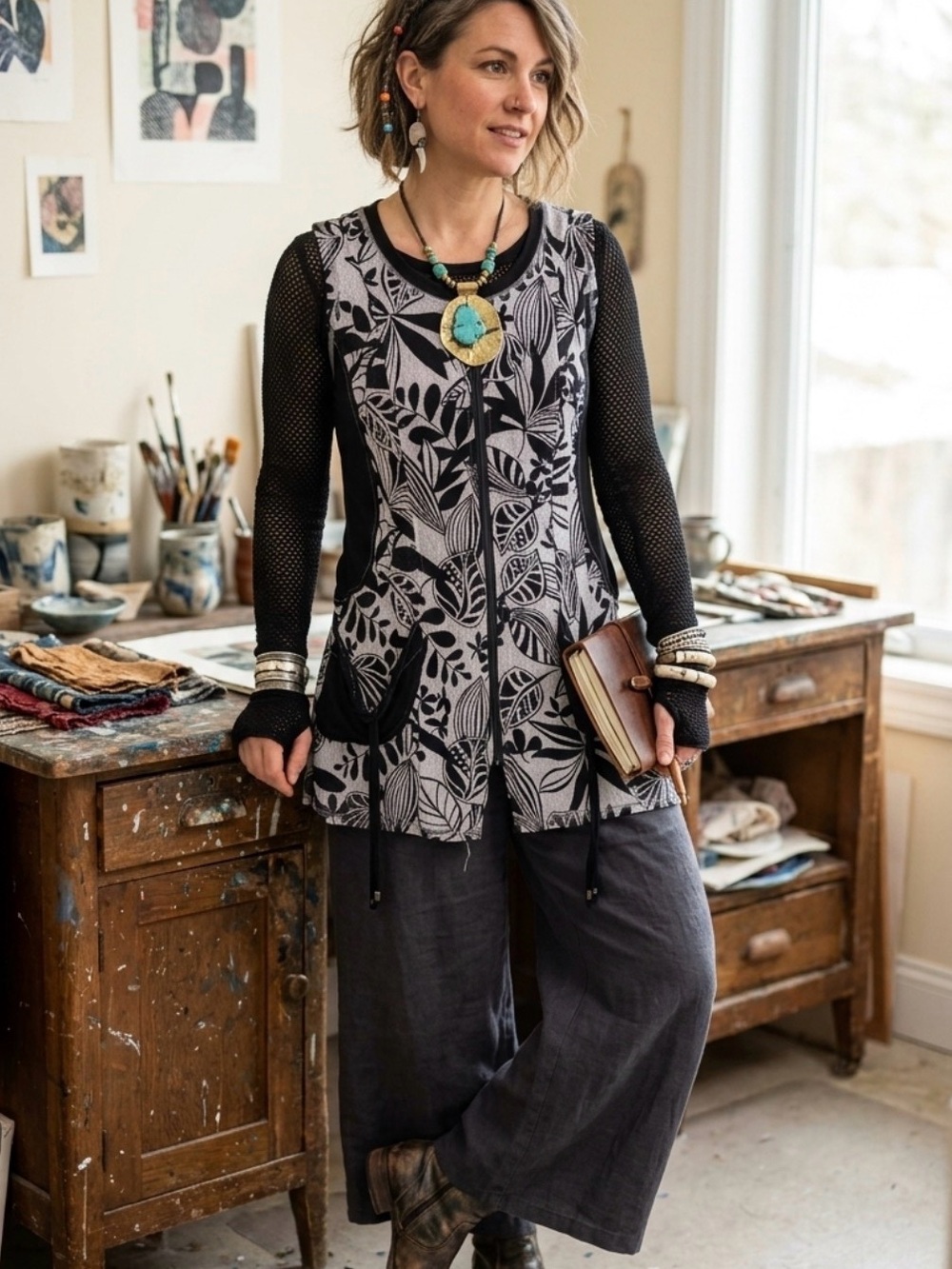 Boho Floral Zip-Front Tunic Vest - Black & Gray Oversized Pockets Lagenlook